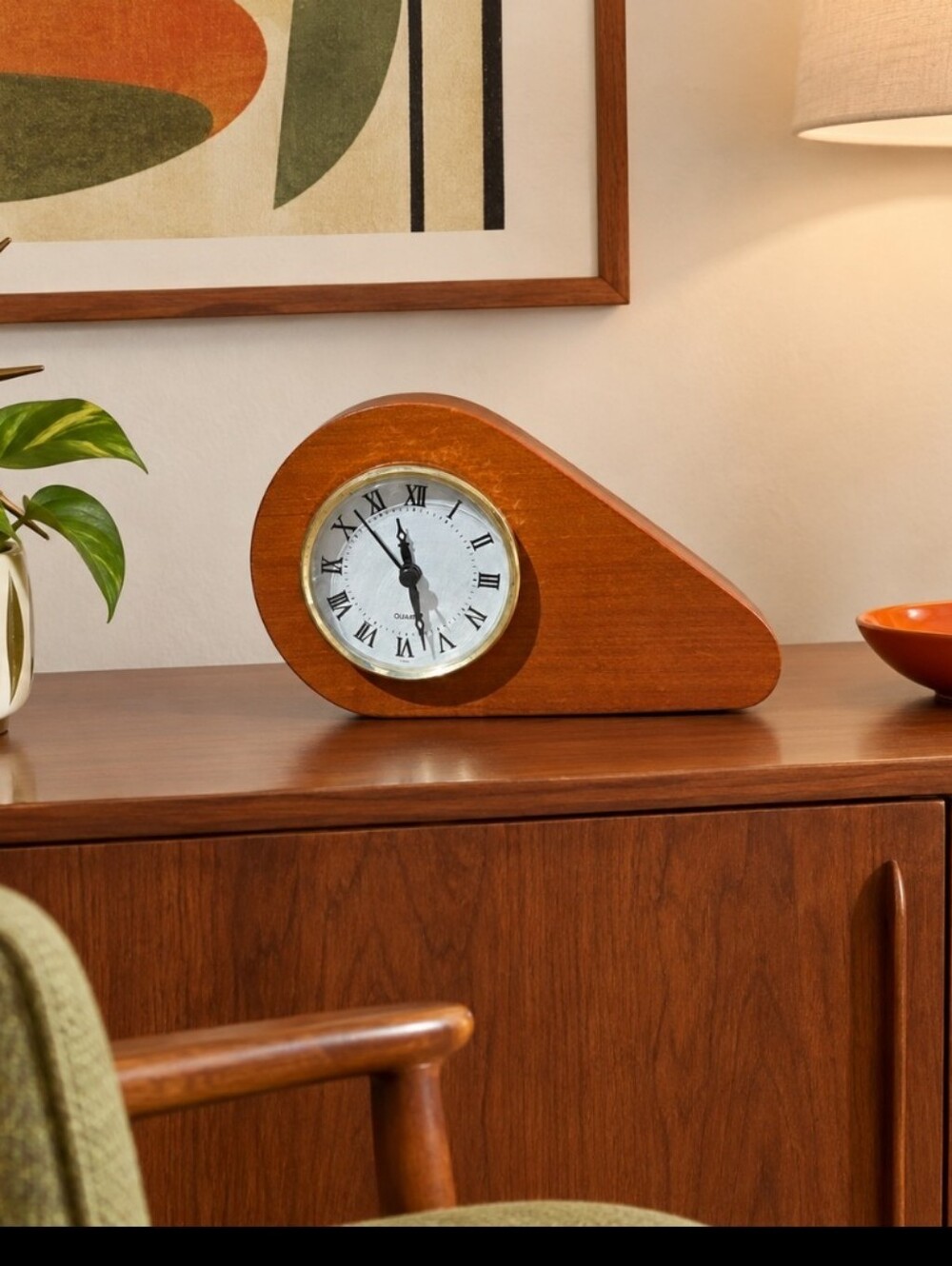Vtg MCM Mantel Clock Kauri Wood Art Deco WORKS!